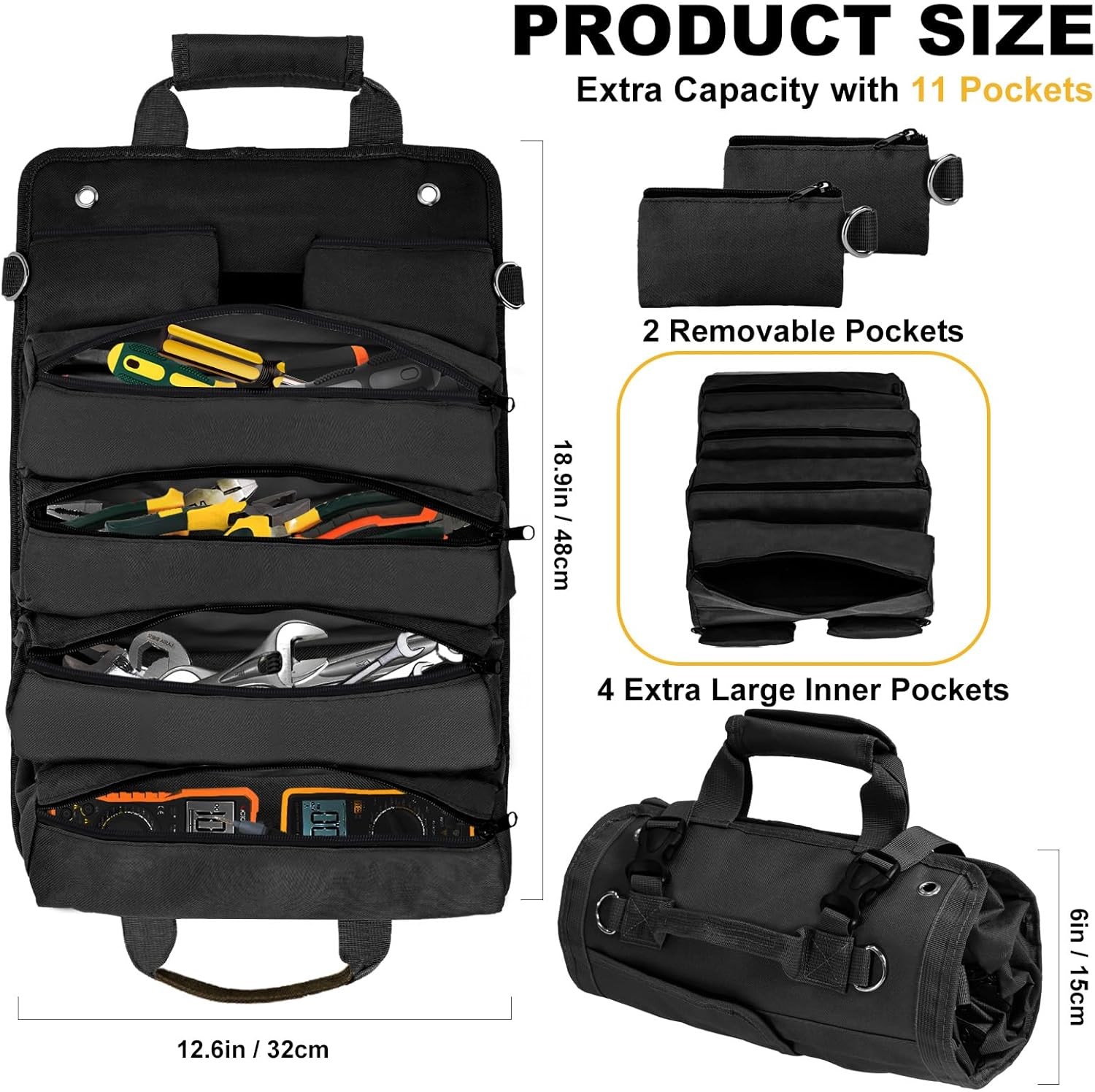 Roll Up Tool Bag Heavy Duty Tool Roll Up Bag 4 Pockets w/Detachable Tool Pouches