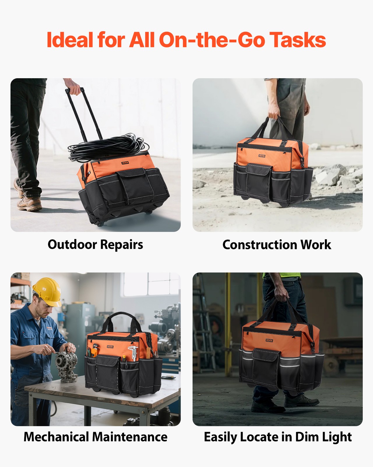 VEVOR Rolling Tool Bag 25/27/45/72 Pockets Heavy Duty Roller Tool Bag on Wheels