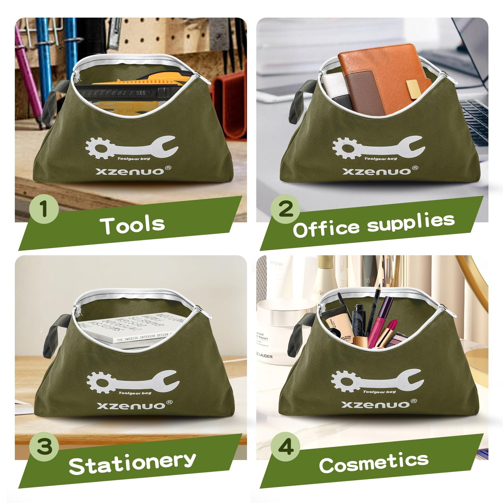 Xzenuo Small Tool Bag, 16oz 12 inch Pouches with 12.5 inches, Green