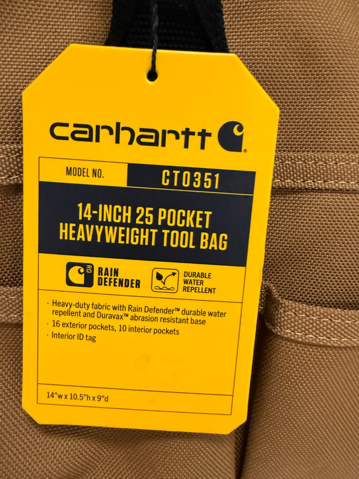 Carhartt 14 inch 25-Pocket Heavyweight Tool Bag, Durable Water Repellent, Brown
