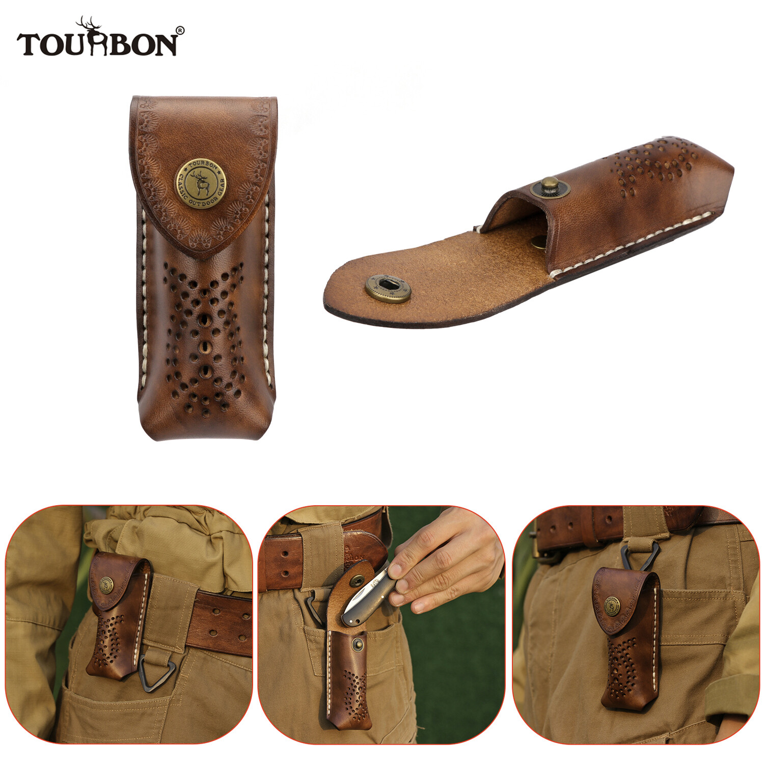 Tourbon Handmake Leather Folding Knife Pliers Sheath Tool Carry Belt Pouch Cover