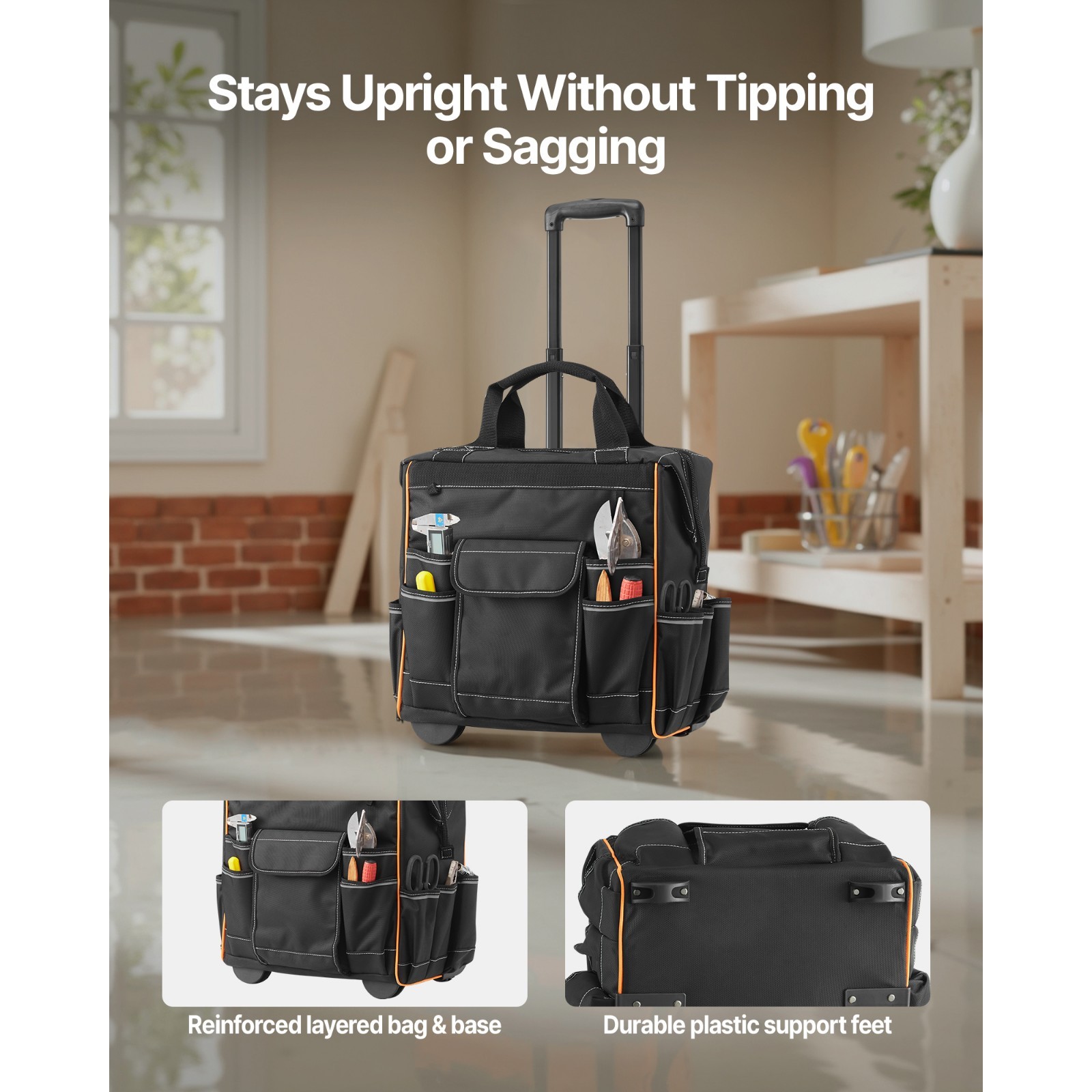 Rolling Tool Bag with Wheels, 110 lbs Load Capacity,25 Pockets,Adjustable Handle