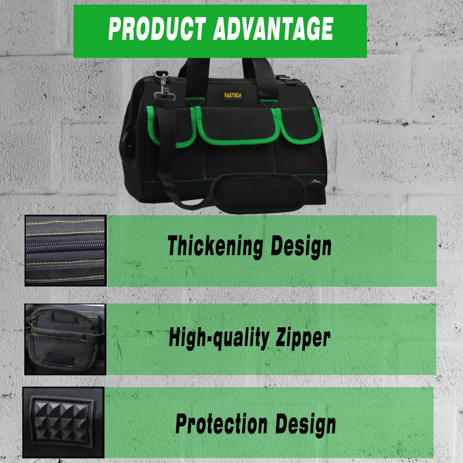 20 Inch Tool Bag Waterproof Wide Mouth Kit Large Storage Shoulder Strap Green