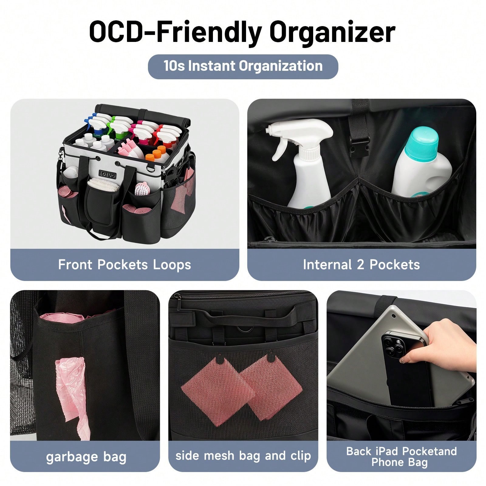 Rolling Cleaning Caddy Bag with Wheels Supplies Organizer Cart