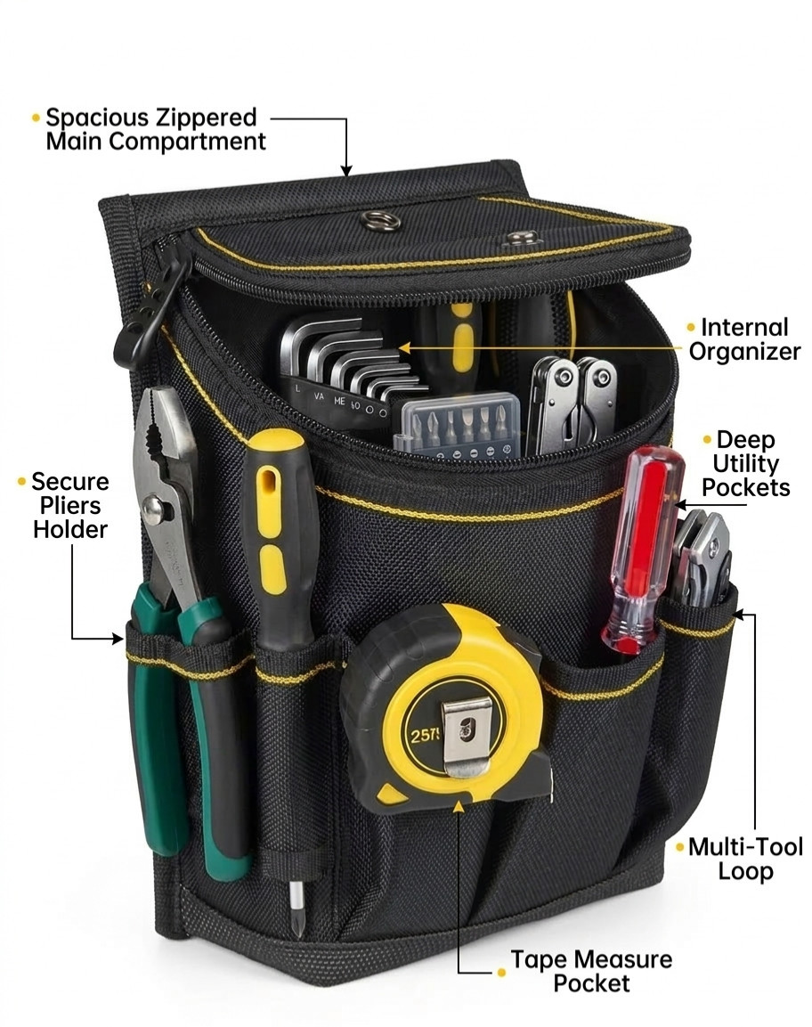 Professional 15-Pocket Tool Belt Pouch Heavy Duty Electrician Waist Bag Black