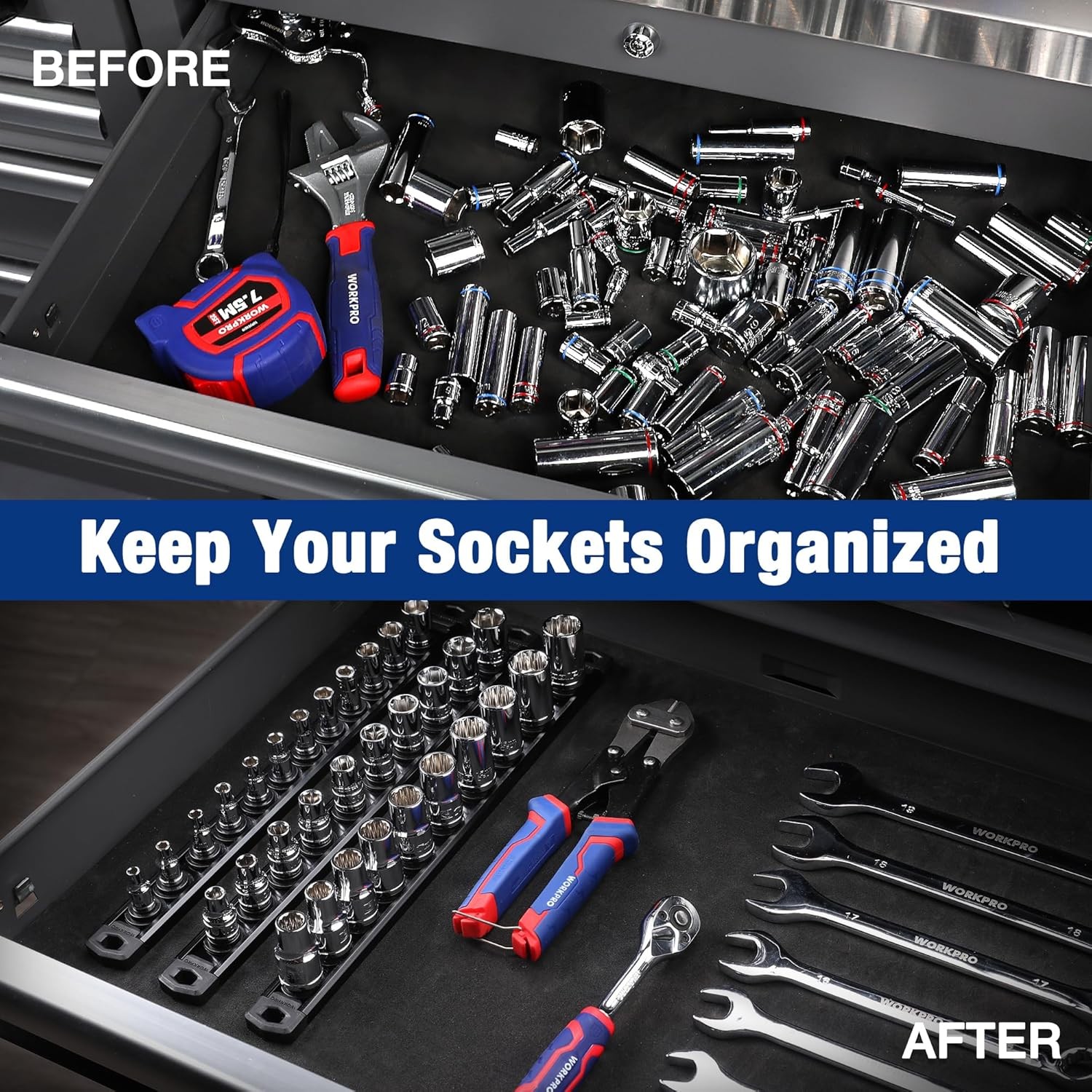 WORKPRO Magnetic Socket Organizer, 3/8-Inch Drive Aluminum 3/8 DR, Black